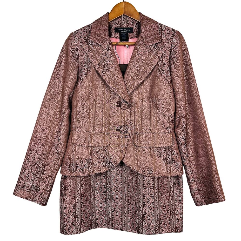 Beata Studio LA Skirt Suit Set Pink Micro Floral Print Blazer Jacket - 8